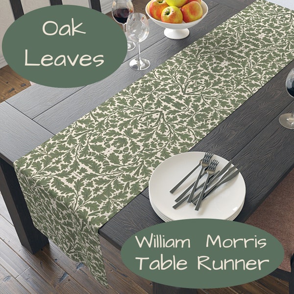 Oak Leaves and Acorns Table Runner, William Morris Green and Beige, 72 or 90 Inches, Easy Care Polyester, Printed in USA, Arts and Crafts