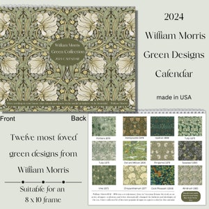 William Morris 2024 Wall Calendar, 11" by 8 1/2" Popular Green Images, Vintage Prints to Frame, Made in USA, Spiral Bound Hanging Monthly