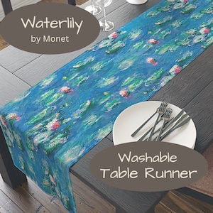 Monet Table Runner, Water Lilies Design, 72 or 90 Inches, Easy Care Polyester, Printed in USA, Turquoise Green, Patio Table