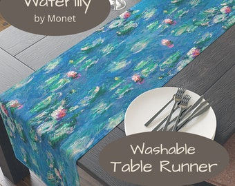 Monet Table Runner, Water Lilies Design, 72 or 90 Inches, Easy Care Polyester, Printed in USA, Turquoise Green, Patio Table