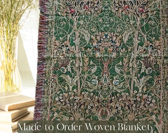 William Morris Woven Blanket, Portiere Green Design, Woven to Order in USA, 100% Cotton Washable Throw, Bed Cover, Cat Blanket ,