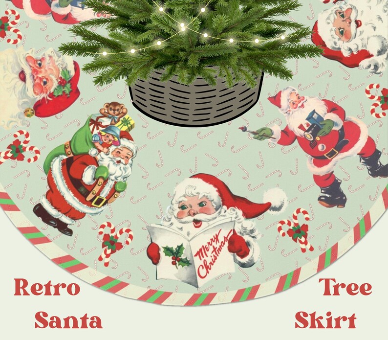 Retro Santa Tree Skirt, Christmas Festive Decor, Holiday Decorations, 57 Inches Wide Faux Suede Fabric, Easy Care Washable, Printed in USA image 2