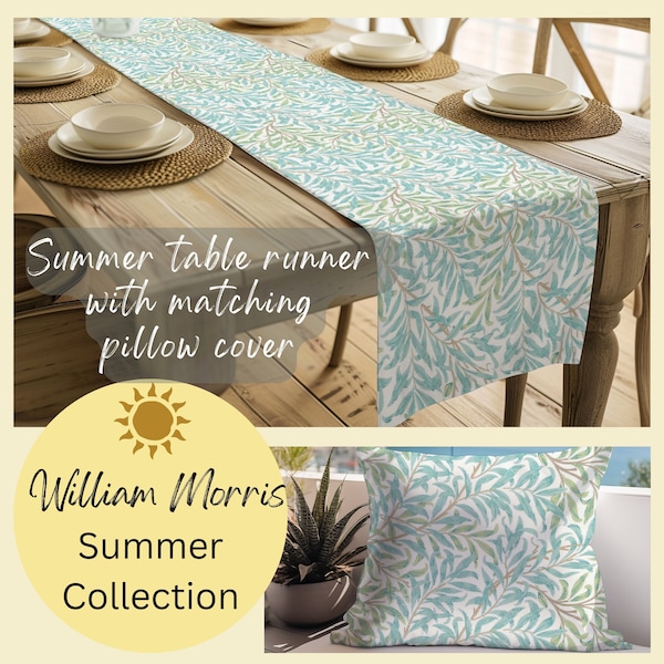 Willow Aqua Table Runner, William Morris Summer Collection, Matching Outdoor Pillow, 72 or 90 Inch, Easy Care Polyester, Printed in USA