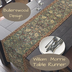 Bullerswood Tapestry Style Table Runner, William Morris, Red Gold Green, 72 or 90 Inches, Easy Care Polyester, Printed in USA