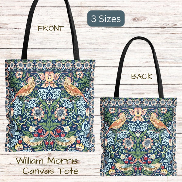 William Morris Tote Bag, Strawberry Thief, made in USA, 3 Sizes Reusable Eco Friendly Shopping Bag, Book Carrier, Weekend Bag, Beach Tote