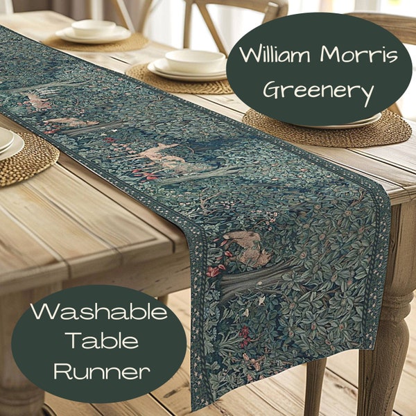 William Morris Table Runner, Forest Deer Rabbits Fox, Green Beige Gold, 72 & 90 Inches, Easy Care Polyester, Printed in USA