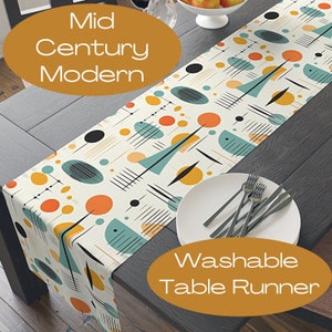 Mid Century Table Runner, Atomic Style Print, 72 or 90 Inches, Easy Care Polyester, Printed in USA, Orange Green Gold