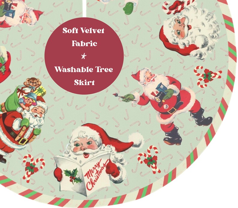 Retro Santa Tree Skirt, Christmas Festive Decor, Holiday Decorations, 57 Inches Wide Faux Suede Fabric, Easy Care Washable, Printed in USA image 8