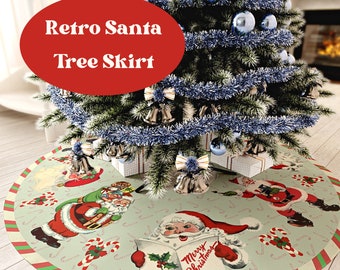 Retro Santa Tree Skirt, Christmas Festive Decor, Holiday Decorations, 57 Inches Wide Faux Suede Fabric, Easy Care Washable, Printed in USA
