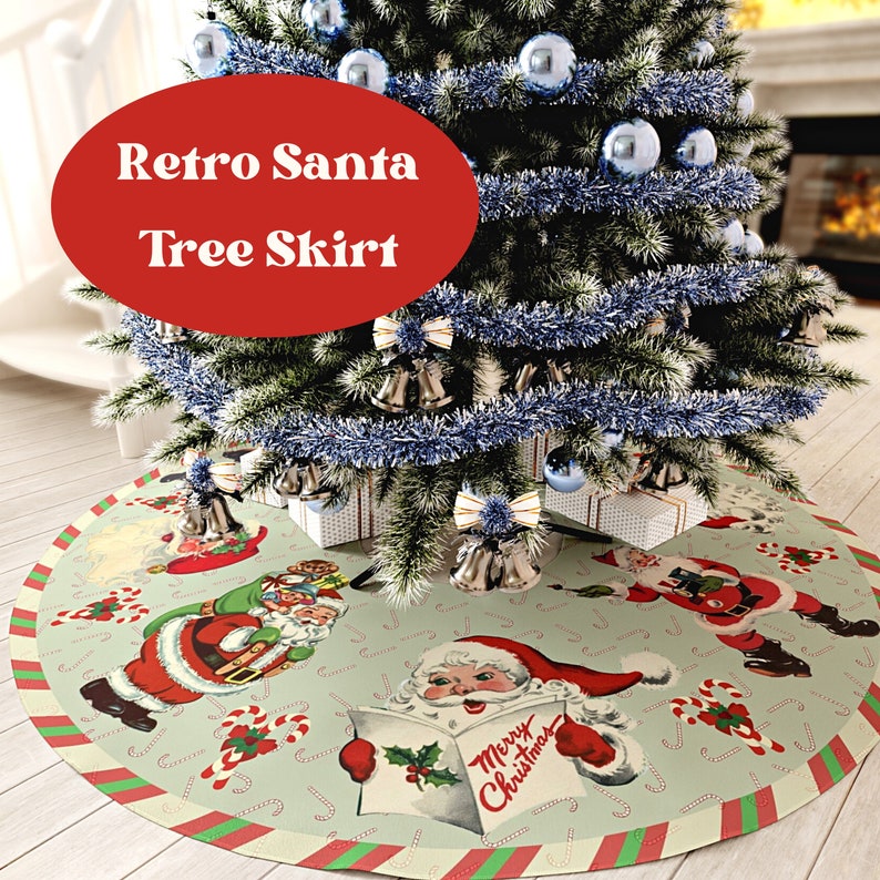 Retro Santa Tree Skirt, Christmas Festive Decor, Holiday Decorations, 57 Inches Wide Faux Suede Fabric, Easy Care Washable, Printed in USA image 1