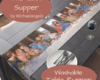 Michelangelo Table Runner, The Last Supper Painting, 72 or 90 Inches, Easy Care Polyester, Printed in USA, Blue Orange, Patio Table