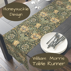 Green William Morris Table Runner, Honeysuckle Design, 72 or 90 Inches, Easy Care Polyester, Printed in USA, Arts and Crafts