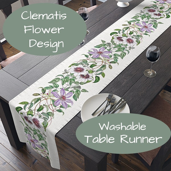 Clematis Table Runner, Choice of 72 or 90 Inches, Easy Care Polyester, Printed in USA, purple green floral kitchen tablecloth