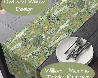 William Morris Table Runner, Owl and Willow, Green Brown White, 72 or 90 Inches, Easy Care Polyester, Printed in USA, Arts and Crafts