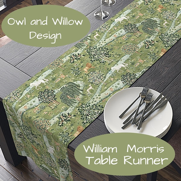 William Morris Table Runner, Owl and Willow, Green Brown White, 72 or 90 Inches, Easy Care Polyester, Printed in USA, Arts and Crafts