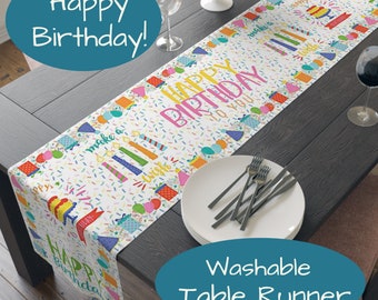 Birthday Table Runner, 72 or 90 Inches, Easy Care Polyester, Printed in USA, Colorful Gender Neutral, Celebration Table Decor