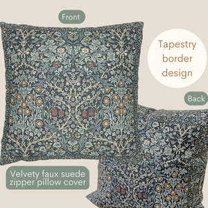 Blackthorn William Morris Tapestry Style Pillow Cover, Green Blue Beige Velvet Cushion Sleeve, Faux Suede Washable Castlecore Decor