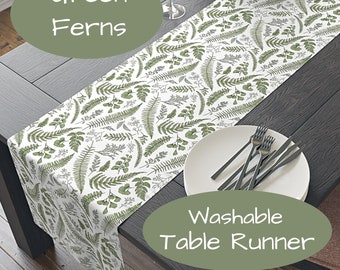 Green Ferns Table Runner, Choice of 72 or 90 Inches, Easy Care Polyester, Printed in USA, Botanical Plants Print