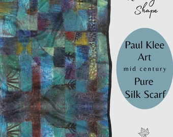 Paul Klee Pure Silk Scarf, Mid Century Art, Luxury Fashion Gift, Made in Canada, Pocket Square, Long or Square, Mother's Day