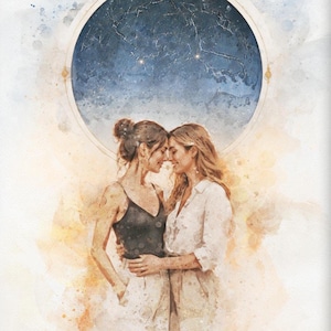 May include: A framed watercolor-style art print featuring two people embracing under a circular night sky map. The text reads 12 JUNE 2024, Written in the stars., and NEW YORK CITY, NY. The color palette includes soft blues, warm oranges, and creams.