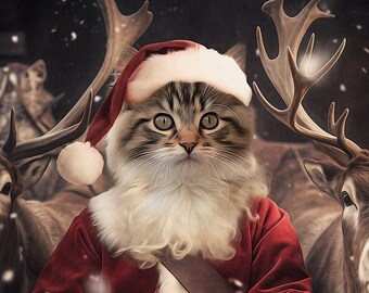 Custom Santa Cat Portrait, Christmas Cat Portraits, Personalized Pet Santa, Pet Christmas Art, Pet Christmas Bliss, Santa Puppy Portraits
