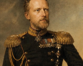 May include: A digital portrait featuring a man with a beard dressed in a dark blue military uniform with gold epaulets, braided cords, and multiple medals. A smaller inset image of the same man is framed in the bottom left corner.