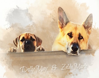 May include: Canvas art print featuring two dogs, a brown Bullmastiff and a tan German Shepherd, peeking over a ledge. The artwork has a watercolor effect with the names "Dolly May & Zelda Marie" in script.