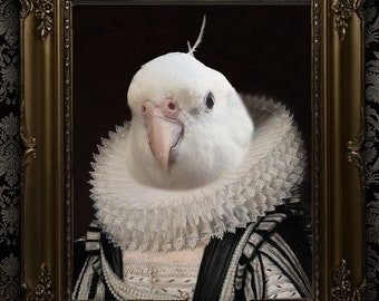 Portrait personnalisé d'oiseau calopsitte, portrait d'animal de compagnie royal, cadeau personnalisé inséparable, portrait d'oiseau de la Renaissance, portrait d'oiseau drôle, oiseau historique personnalisé