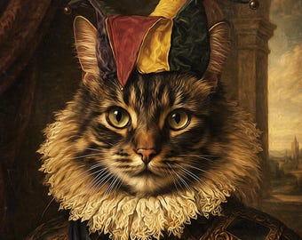 May include: A portrait of a tabby cat wearing a multi-colored jester hat with small bells, a white ruffled neck collar, and ornate black and gold armor with a blue sash, set against a dark background with a glimpse of a landscape.