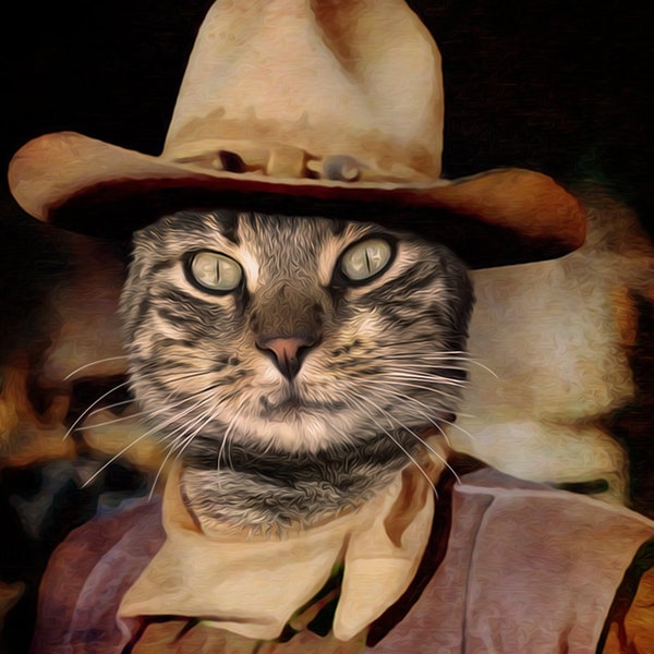 Cowboy Cat Portrait, Western Dog Portrait, Custom Pet Portrait, Custom Cat Gift, Funny Pet Gift,Pet Portraits From Photo,Cowboy Dog Portrait
