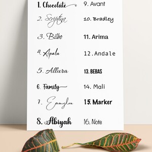 May include: A white poster with sixteen different font styles in black. The fonts include Chocolate, Scriptua, Bilbo, Apalu, Allura, Family, Emmylou, Abiyah, Avant, Bradley, Arima, Andale, BEBAS, Mali, Marker, and Note. Two leaves are in the foreground.