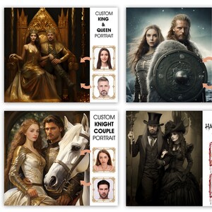 May include: A composite image showcasing four custom portrait options: King & Queen, Viking Couple, Knight Couple, and Halloween Couple. Each portrait features a digitally rendered couple with a corresponding portrait of the individuals to be featured. The text "OUR OTHER PORTRAITS" is visible.