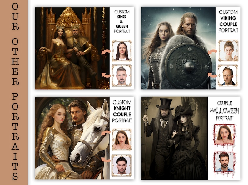 May include: A composite image showcasing four custom portrait options: King & Queen, Viking Couple, Knight Couple, and Halloween Couple. Each portrait features a digitally rendered couple with a corresponding portrait of the individuals to be featured. The text "OUR OTHER PORTRAITS" is visible.