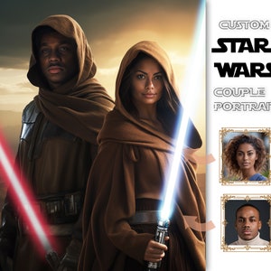 Custom Star Wars Couple Portraits, Personalized Star Wars Jedi Couple Art, Personalized Jedi Couple Portraits, Unique Gifts for Partners