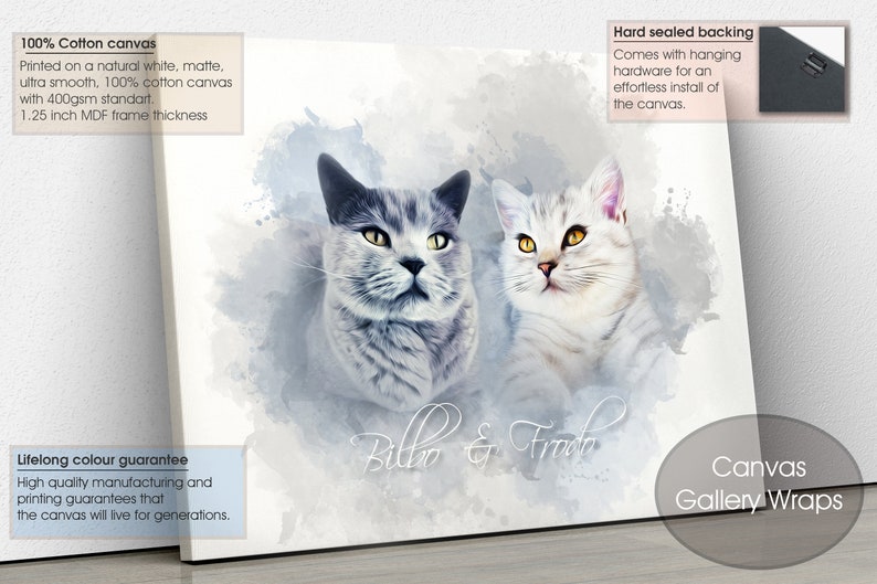 May include: Canvas gallery wrap featuring a watercolor-style portrait of two cats, one gray and one white, with yellow eyes. The canvas is printed on 100% cotton canvas with a 1.25-inch MDF frame. The artwork is titled "Bilbo & Frodo."