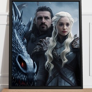 May include: Framed canvas art featuring two characters from a fantasy series, with a dragon on the left. The characters are dressed in armor, with one having long, white hair. The canvas is framed in black, with the text "Canvas Framed" at the bottom.