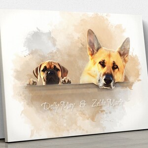 May include: Canvas art print featuring two dogs, a brown Bullmastiff and a tan and black German Shepherd, peeking over a ledge. The names "Dolly May & Zelda Marie" are written in cursive below the dogs.