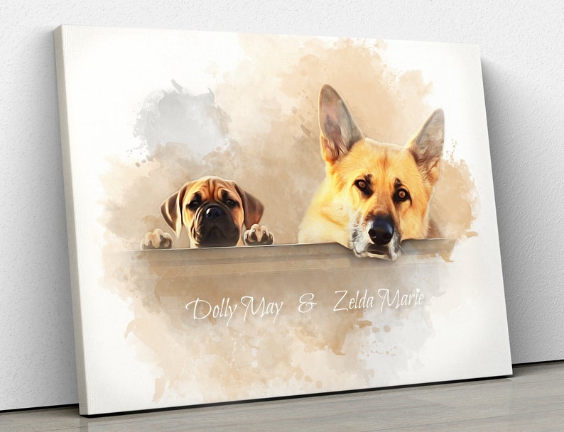 May include: Canvas art print featuring two dogs, a brown Bullmastiff and a tan and black German Shepherd, peeking over a ledge. The names "Dolly May & Zelda Marie" are written in cursive below the dogs.