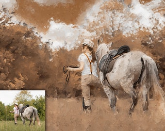 Custom Horse Portrait on Canvas Ready to Hang, Personalized Pet Portrait from Photo, Horse Art, Horse Loss Gift, Pet Wall Art, Dog Portrait