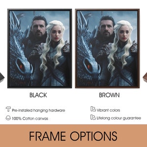 May include: Canvas art print featuring a fantasy scene with two characters and a dragon. Available in black or brown frame options. The print is made of 100% cotton canvas and includes pre-installed hanging hardware.