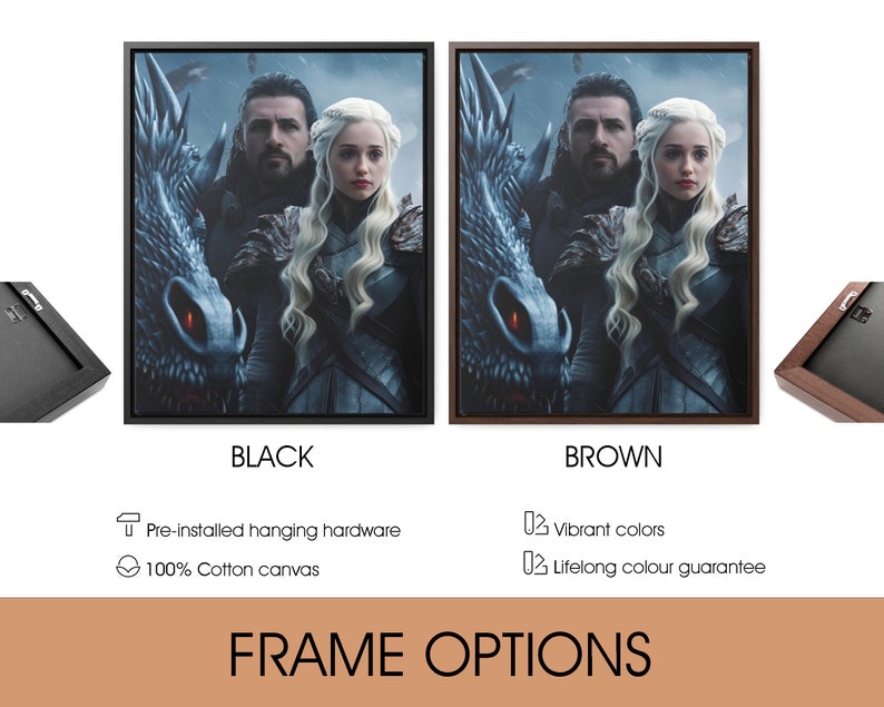 May include: Canvas art print featuring a fantasy scene with two characters and a dragon. Available in black or brown frame options. The print is made of 100% cotton canvas and includes pre-installed hanging hardware.