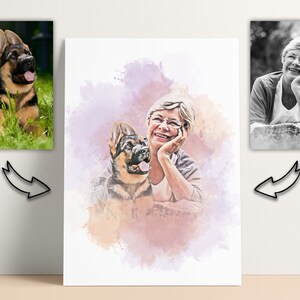May include: A canvas print featuring a watercolor-style portrait of a woman with a German Shepherd dog. The image includes two smaller framed photos: one of the dog in a field and another of the woman in black and white.