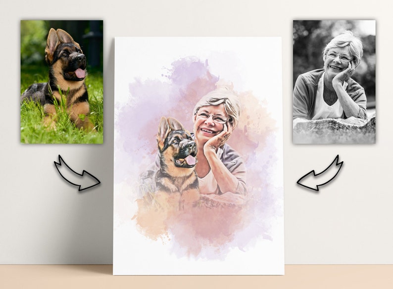 May include: A canvas print featuring a watercolor-style portrait of a woman with a German Shepherd dog. The image includes two smaller framed photos: one of the dog in a field and another of the woman in black and white.
