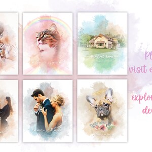 May include: A collection of watercolor-style prints featuring personalized portraits. The prints include a dog with glasses, a cat with a rainbow, a house, a horse, a couple, and a French bulldog. Each print has custom text.
