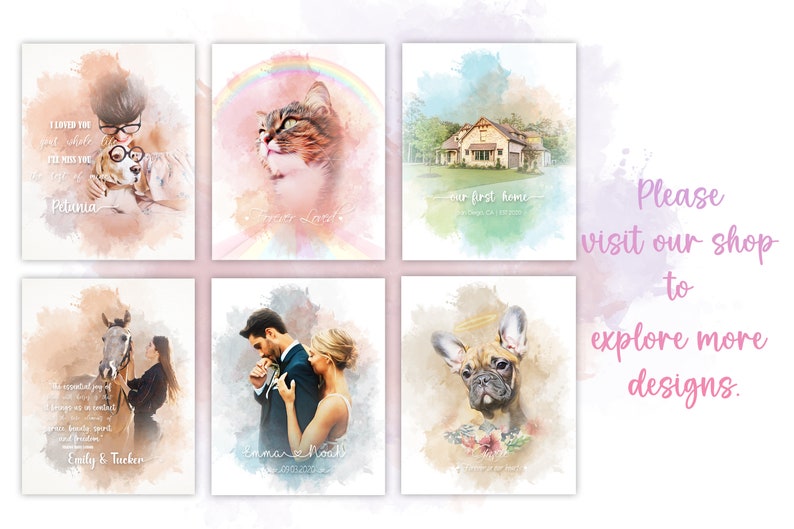 May include: A collection of watercolor-style prints featuring personalized portraits. The prints include a dog with glasses, a cat with a rainbow, a house, a horse, a couple, and a French bulldog. Each print has custom text.