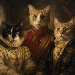 May include: A digital portrait featuring three cats dressed in historical attire. A black and white cat wears a white ruffled collar and ornate gown. A ginger cat wears a red military uniform with gold accents. A ginger cat wears a dark patterned jacket.