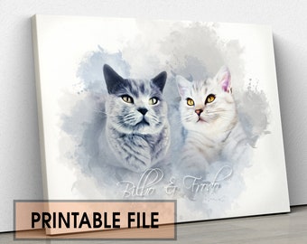 May include: A watercolor painting of two cats, one gray and one white, with the names "Bilbo & Frodo" written below them.