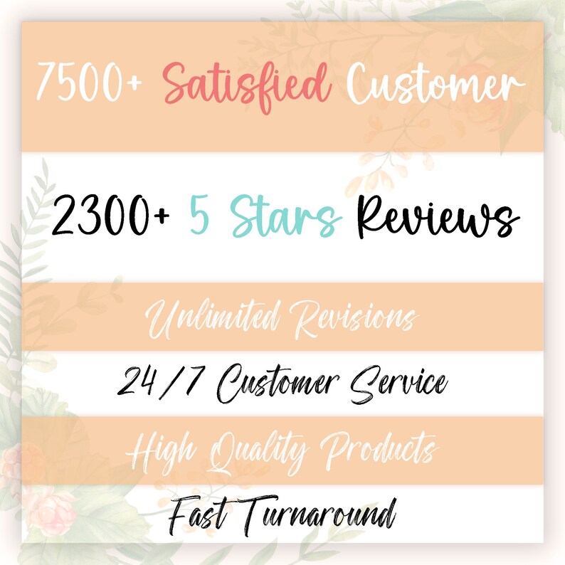 May include: A graphic with text on a peach and white background. The text includes "7500+ Satisfied Customer," "2300+ 5 Stars Reviews," "Unlimited Revisions," "24/7 Customer Service," "High Quality Products," and "Fast Turnaround."