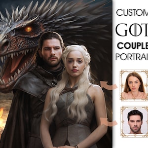 May include: A digital portrait featuring a couple with a dragon in the background. The woman has long blonde hair and wears a gray dress. The man has dark hair and a beard. The text reads "CUSTOM GOT COUPLE PORTRAIT".