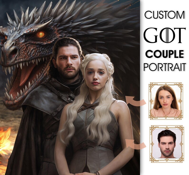 May include: A digital portrait featuring a couple with a dragon in the background. The woman has long blonde hair and wears a gray dress. The man has dark hair and a beard. The text reads "CUSTOM GOT COUPLE PORTRAIT".